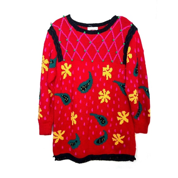 Vintage 80s Handknit Sweater Cotton Ramie Jennifer Reed Beads Pompoms Red Pink M - Picture 1 of 13